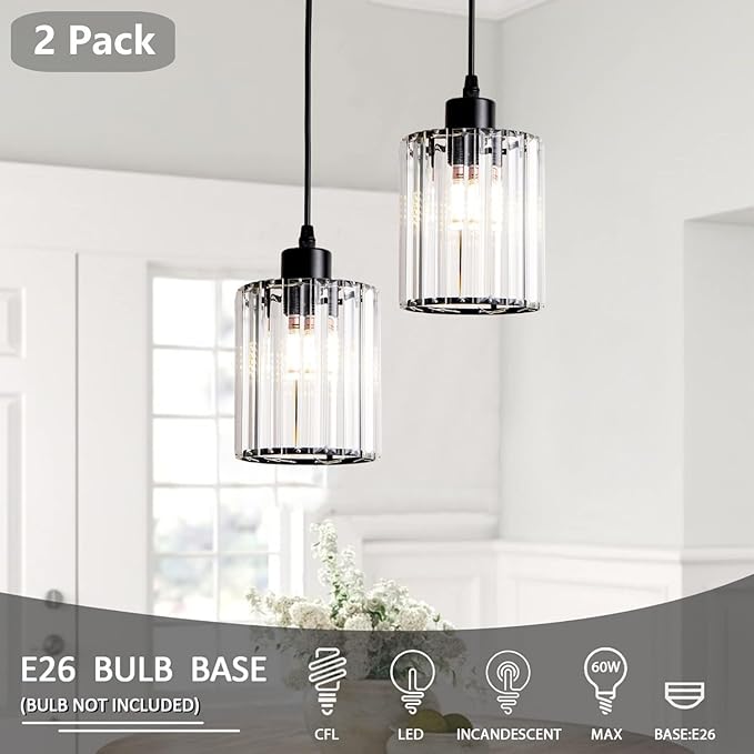 Black Pendant Lighting 2 Pack Modern Crystal Mini Chandeliers Vintage Rustic Farmhouse Pendant Lights for Kitchen Island Dining Room Bedroom