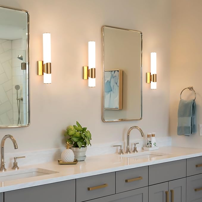 Gold Wall Sconces Set of Two 15 inch 5CCT Dimmable Bathroom Sconce with Acrylic Shade LED Hardwired Wall Light Fixtures for Bathroom Living Room Bedroom Hallway, 2 Pack