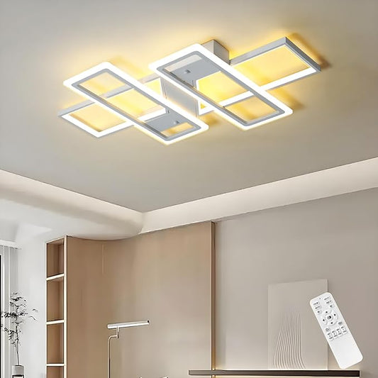 GEADI Modern Dimmable Ceiling Light Fixture,35.4" White LED Flush Mount Ceiling Lights with Remote Control,4 Ring Square Light Fixture for Bedroom Dining Room Living Room Kicthen (80W)