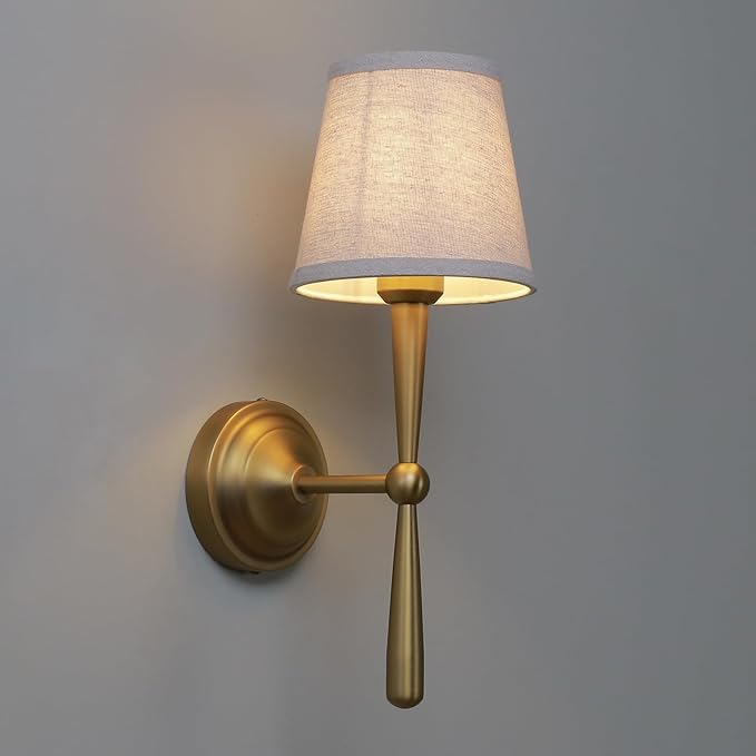 Sconces Wall Lighting Set of Two with Boho Linen Fabric Shade, E26 Aged Brass Vanity Bathroom Wall Lamps, Hardwired Indoor Wall Lights for Living Room Bedside Nightstand Light