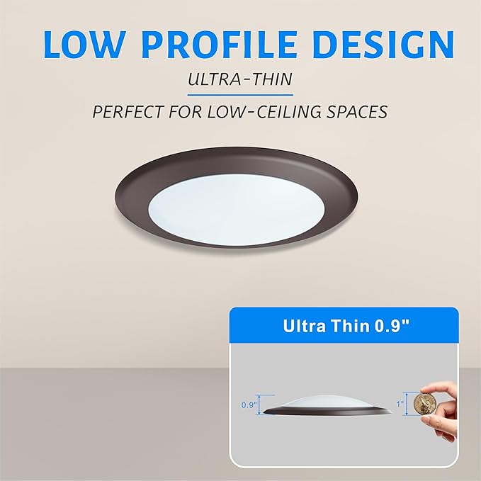 ECOELER 6 Inch Flush Mount LED Disk Lights, 3000K/4000K/5000K Selectable Ceiling Downlight, 16.5W 1100Lm, Surface Mount Ceiling Lights for J-Box or Recessed Can, ETL-Listed, Bronze, 4 Pack