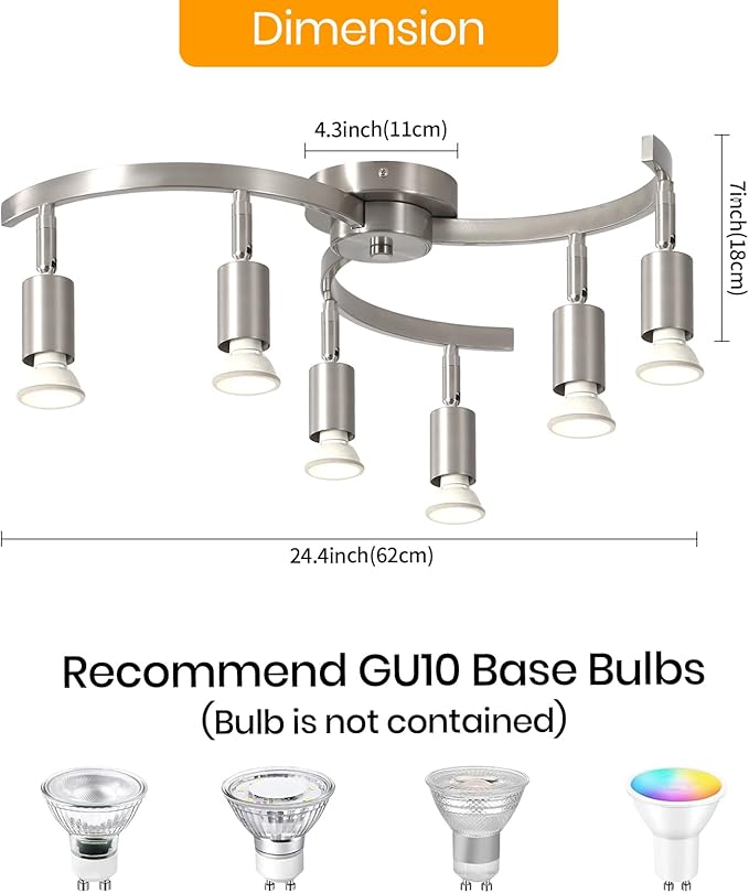 SEEBLEN 6 Light Track Lighting Fixtures Ceiling, Flexibly Rotatable Light Heads, Nickel Semi Flush Mount Ceiling Light for Kitchen Dining Room Living Room.Gu10 Bulb Base.