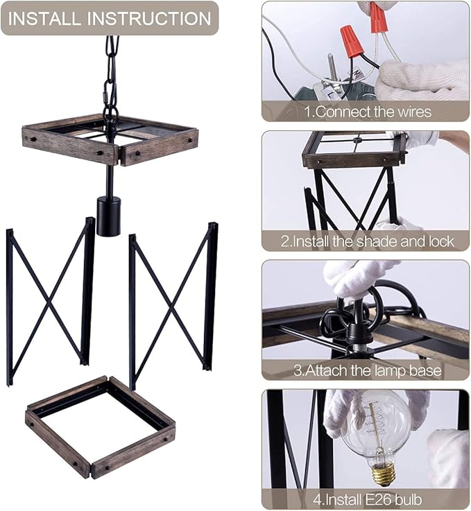VILUXY Farmhouse Pendant Light for Kitchen Island 1-Light Wood Pendant Hanging Lamp Black Metal Cage Pendant Lantern Lighting for Dining Room Kitchen Hallway