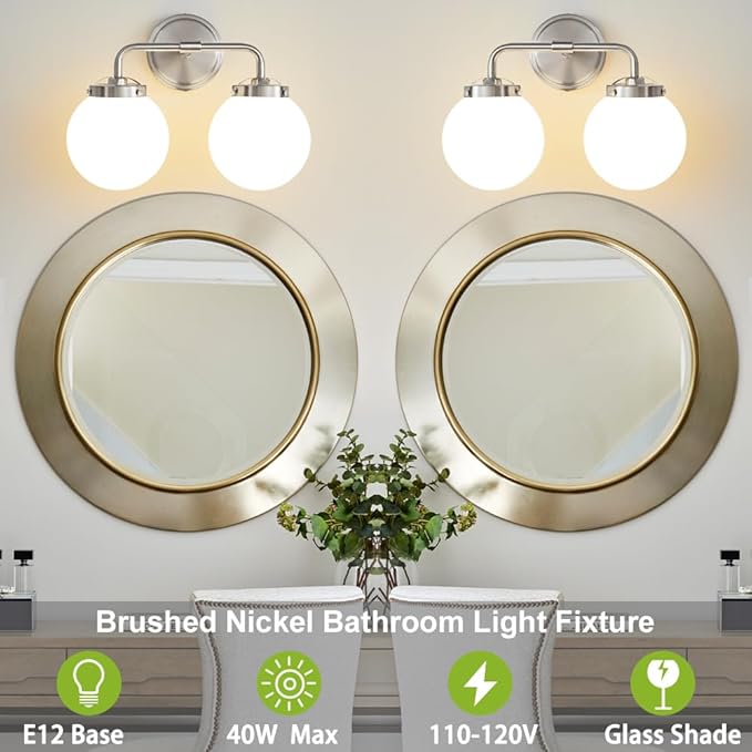 Bathroom Light Fixtures Over Mirror, Brushed Nickel Modern Vanity Lighting with Milk White Glass Globe Shades 2-Light Farmhouse Wall Sconce
