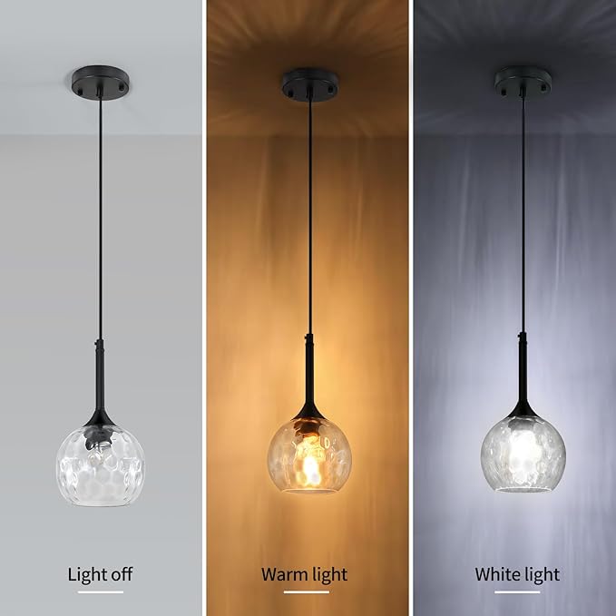 JHLBYL Glass Pendant Lights Kitchen Island: 5.91'' 2-Pack 1-Light Hammered Glass Pendant Light with Black Finish - Modern Minimalist Hanging Light Fixture for Kitchen Sink Dining Room - E26 Base