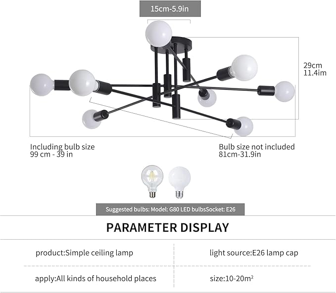 Garwarm Black Ceiling Light Fixture, 8-Lights Semi Flush Mount Ceiling Light, Sputnik Chandelier Industrial Ceiling Lamp for Kitchen Dining Room Bedroom Foyer Entryway Hallway Lighting Fixture
