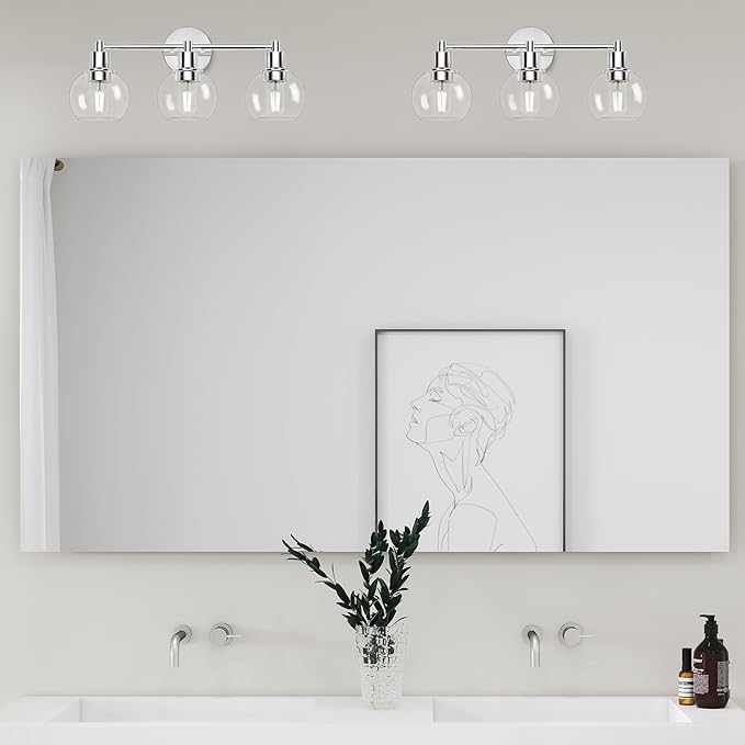 Espird 3 Lights Bathroom Vanity Light Fixtures Chrome, Bathroom Lights Over Mirror, Industrial and Farmhouse 3 Light Wall Sconce, Polished Chrome Globe Vanity Lighting Fixtures