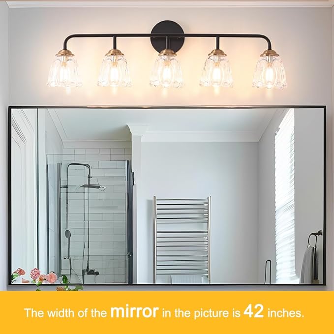 Daunton Vintage Vanity Lighting for Bathroom, Black and Gold Bathroom Vanity Light Fixtures with Clear Glass Shade, Elegant 5-Light Lighting Fixtures Over Mirror, Wall Sconce Lighting for Bedroom