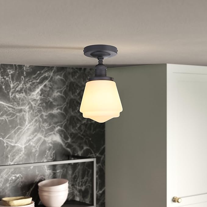 Industrial Semi Flush Mount Ceiling Light with Milk White Glass Pendant Lamp Shade, Vintage Close to Ceiling Light Fixture for Porch, Hallway, Entryway, Kitchen, Bedroom, Hotel