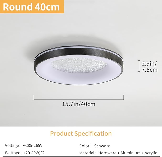 LED Flush Ceiling Light, 15in Black Round Ceiling Light Dimmable 3000K/4500K/6500K Color Recessed Lamp for Living Room, Bedroom, Office,Hallway