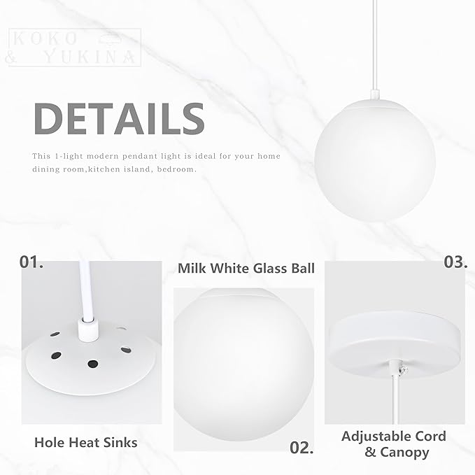 KoKo&Yukina 6 Inch Globe Pendant Light White Globe Pendant Lights Kitchen Island Mid Century Light Fixture with Milky White Glass Shade for Dining Room (2 Pack)