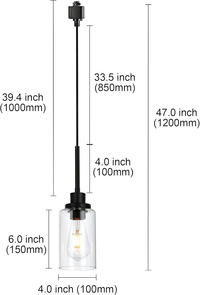 MELUCEE 4 Pack H Type Track Pendant Lighting Black Ceiling Track Hanging Light Fixtures Pendant with Clear Glass Shades, Compatible with H Type Track Lighting Rail, E26 Socket