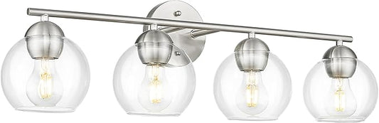 Emak mak 4-Light Bathroom Vanity Light, 29 Inch Brushed Nickel Bathroom Light, Globe Vanity Lighting with Clear Glass Shade for Bath, VL114-BN-4
