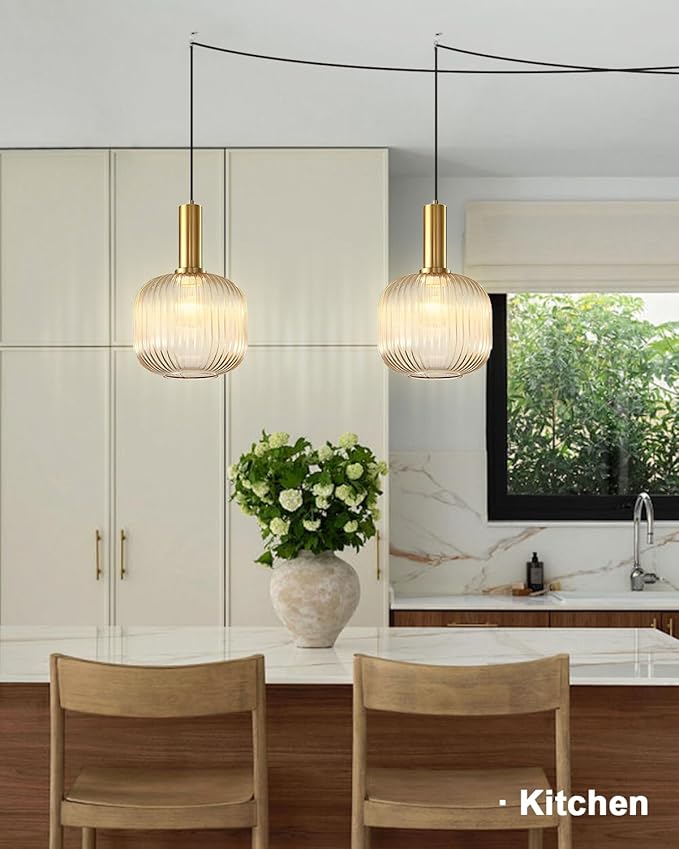 Amber Plug in Pendant Light, Mid Century Modern Hanging Light Fixture with 14.76ft Cord, Vintage Gold Hanging Lamp Plug in Chandelier Lighting for Bedroom, Living Room, Kitchen, Dining Room