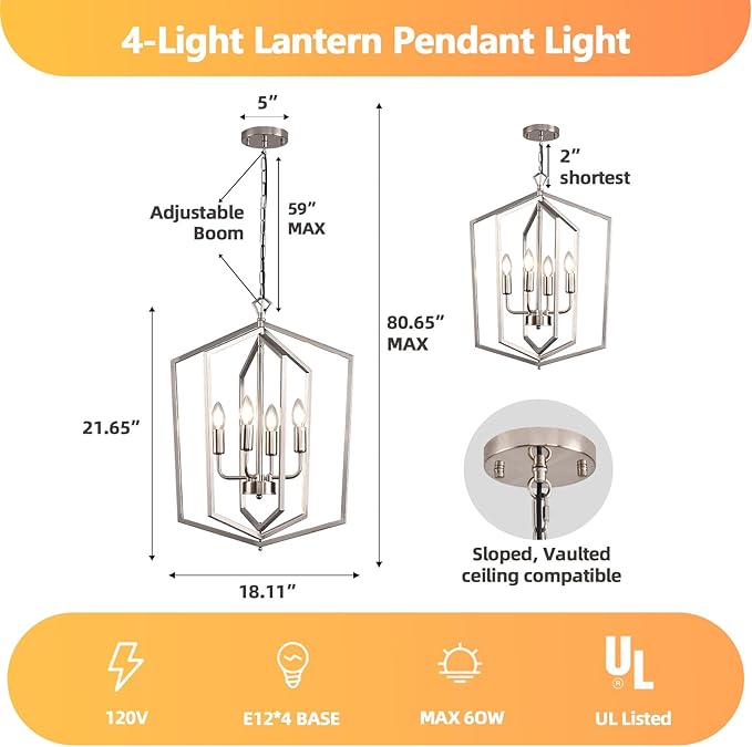 WJShome 18.1" Silver Chandelier, 4-Light Farmhouse Foyer Lighting Fixtures, Modern Hanging Ceiling Lantern Pendant Light, for Dining Room, Kitchen Island, Hallway, Entrance, Staircase
