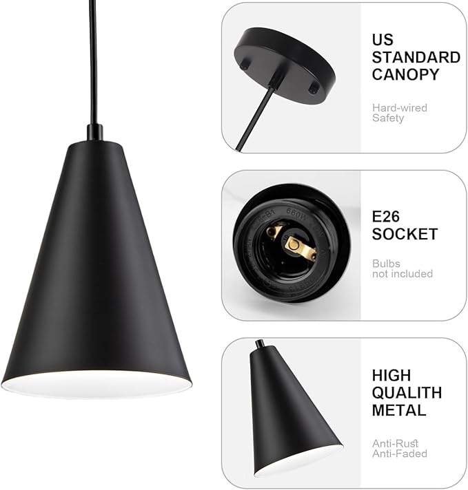 Black Pendant Lights, 3 Pack Industrial Metal Hanging Lamp Modern Vintage Farmhouse Pendant Lighting Fixtures for Kitchen Island Dining Room Bedroom
