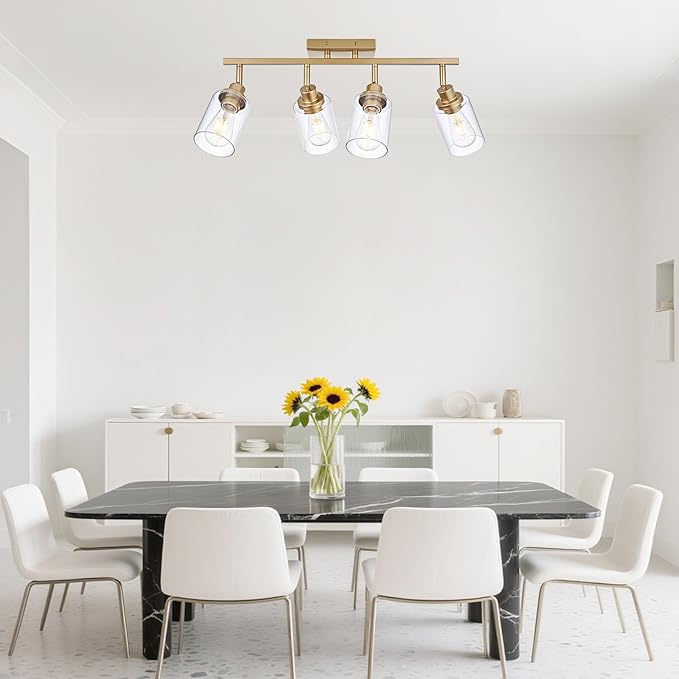 4-Light Gold Track Lighting Kits, Multi-Directional Rotating Kitchen Ceiling Tracking Light Fixture with Clear Glass, Modern Bathroom Ceiling Vanity Track Lights for Kitchen Island Accent Shop