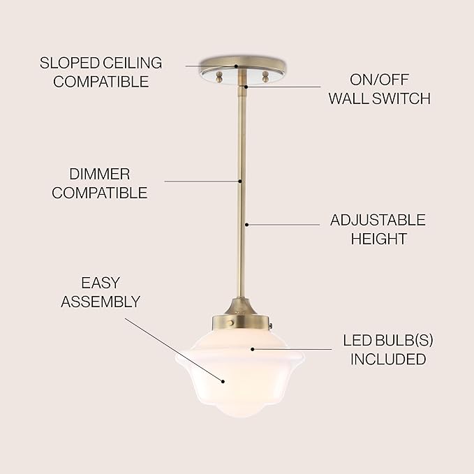 JONATHAN Y 7.2" Brass Gold Modern Schoolhouse LED Pendant Light Fixture, Adjustable Drop Metal Hanging Lamp with White Glass Shade for Kitchen Island, Dining Room, Foyer JYL3516A