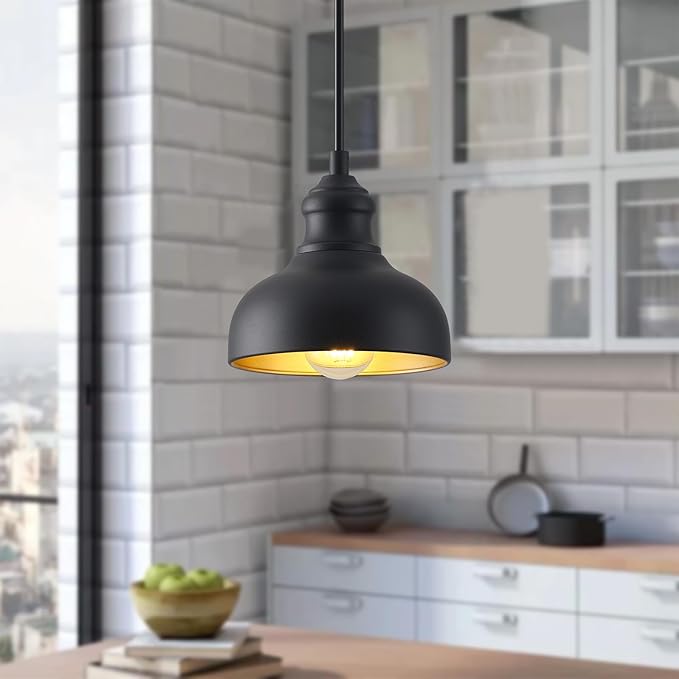 7in Dome Black Farmhouse Barn Pendant Light with Brass Interior, 2 Pack Outdoor Porch Hanging Lamp Small Industrial Barn Style Pendant Lighting for Bedroom Kitchen Hallway, Height Adjustable