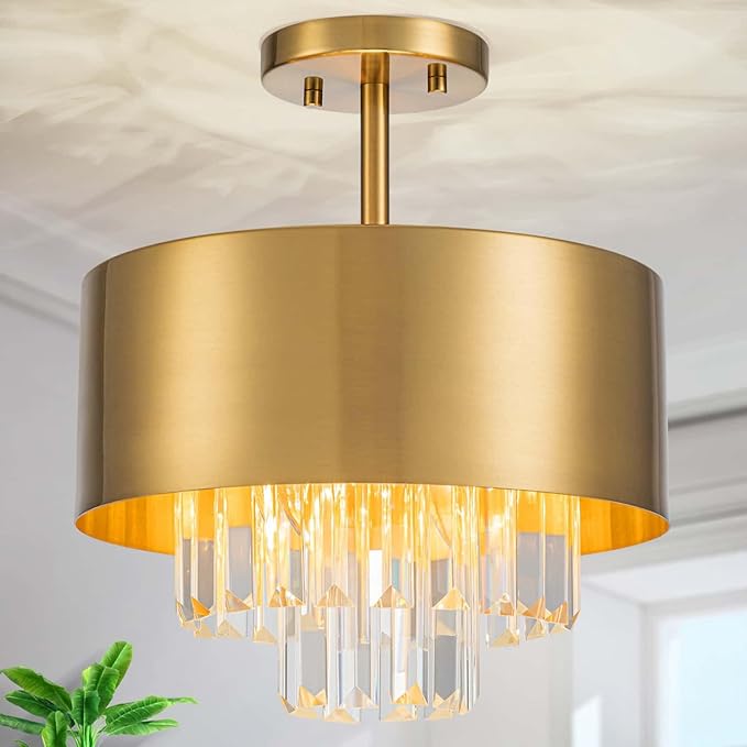 3-Light Luxury K9 Crystal Ceiling Light for Living Room, Foyer, Bedroom, Close to Ceiling Semi-Flushmount Light Fixture, Brass Finish Metal Lampshade & Clear Crystal Pendant