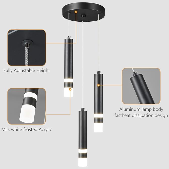 Modern Pendant Light Kitchen Fixture Dimmable LED Black Mini Pendant Lighting fo Kitchen Island Bedroom Bedside Table Small Pendant Lights (3-Light)