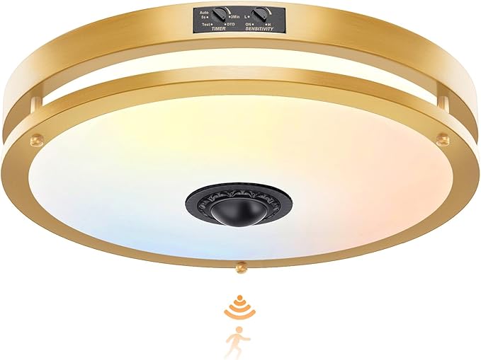 24W LED Motion Sensor Outdoor Ceiling Light, 12IN 2700K/3000K/3500K/4000K/5000K Adjustable Ceiling Lights, Dusk to Dawn Flush Mount LED Ceiling Light Fixture for Porch, Garage, Gold