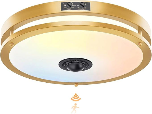 24W LED Motion Sensor Outdoor Ceiling Light, 12IN 2700K/3000K/3500K/4000K/5000K Adjustable Ceiling Lights, Dusk to Dawn Flush Mount LED Ceiling Light Fixture for Porch, Garage, Gold