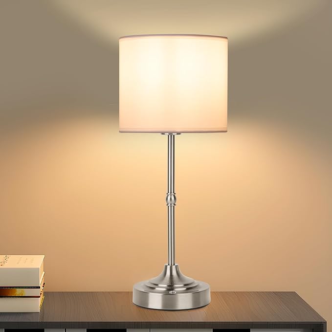 Rechargeable Cordless LED Table Lamp Fabric Shade Desk Lamp, 3-Level Dimmable Touch Control, 5200mAh, Patio Table Lamp, Bedside Night Lamp, Ambient Light for Restaurant.(Silver)