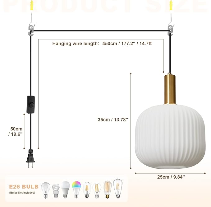 Plug in Pendant Light with Cord, 9.8" Milk Glass Hanging Light Fixture, White Ribbed Globe Swag Lamp with On/Off Switch, Mid-Century Modern Hanging Lamp for Bedroom, Kitchen, Dining Room