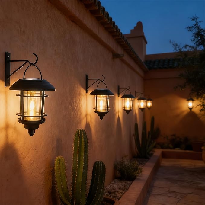 Dynaming 4 Pack Solar Lanterns Outdoor, Hanging Lantern Solar Garden Lights with Edison Bulb, Wall Mounted LED Light Auto On/Off, Waterproof for Garage Stair Patio Front Porch Yard, Warm White