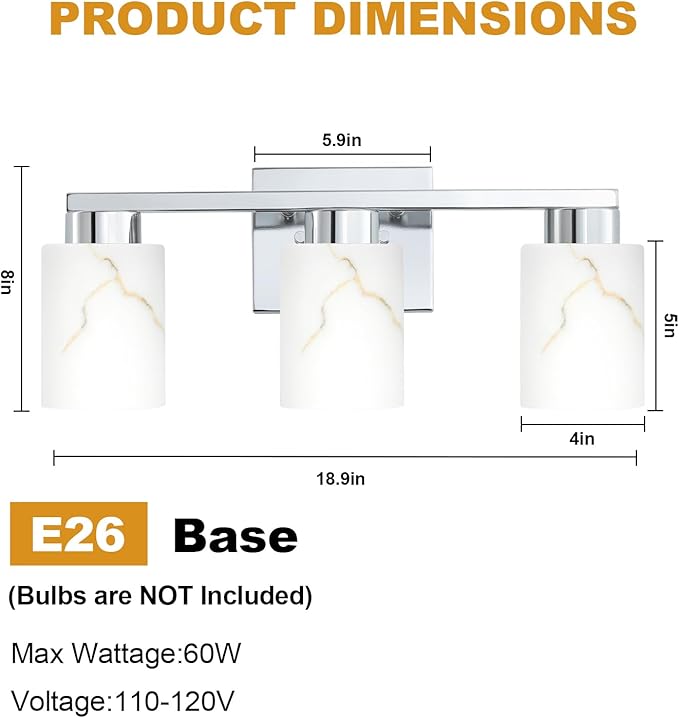 3-Light Bathroom Light Fixtures, Modern Vanity Lights, Chrome Metal Wall Lamp with White Marble Glass for Bathroom, Mirror, Living Room, Bedroom, Cabinet, Porch, Hallway, E26 Base