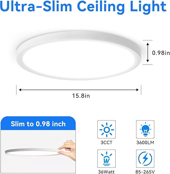 4PK 15.8 inch LED Flush Mount Ceiling Light Fixture,36W Super Slim LED Ceiling Light 3600LM,3000K/4000K/6000K CCT Selectable,Close to Ceiling Round Flat Panel light for Bedroom,Kitchen,Hallway