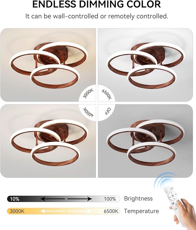 Dimmable LED Semi Flush Mount Ceiling Light Fixture with Remote Control 3-Color Dimming Circle Modern Chandelier, Close to Ceiling Bedroom Kitchen Hallways Balcony Corridor Lamp (15in- 3 Ring Wood)