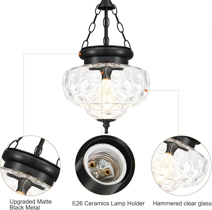 Vintage Pendant Light - Matte Black Pendant Lights Kitchen Island with Hammered Glass Shade, Hanging Lighting Fixtures with Adjustable Hanging Chain for Kitchen, Island, Dining Room, Entryway