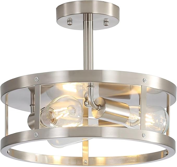 Brushed Nickel Semi Flush Mount Ceiling Light, 3-Light Indoor Close to Ceiling Light Fixtures, 13 Inch Metal Cage Drun Modern House Ceiling Lights for Kitchen Bedroom Foyer Office，Easy Assembled