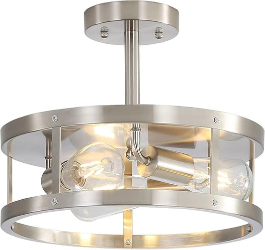 Brushed Nickel Semi Flush Mount Ceiling Light, 3-Light Indoor Close to Ceiling Light Fixtures, 13 Inch Metal Cage Drun Modern House Ceiling Lights for Kitchen Bedroom Foyer Office，Easy Assembled