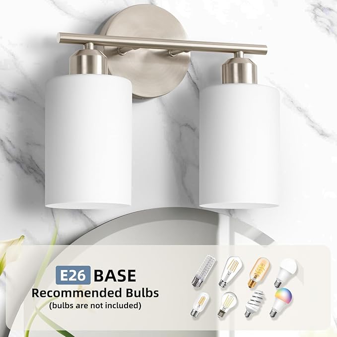 Brushed Nickel Wall Sconces Set of Two, 2-Light Modern Bathroom Light Fixtures, Wall Lamp with Milky White Frosted Glass Shades for Bathroom, Mirror, Bedroom, E26.