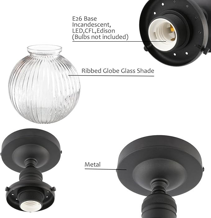 Pathson Modern Semi Flush Mount Ceiling Light Fixture with Striped Globe Glass Shade, Industrial Ceiling Lighting Lamp for Living Room Foyer Hallway Bedroom Over Kitchen Sink