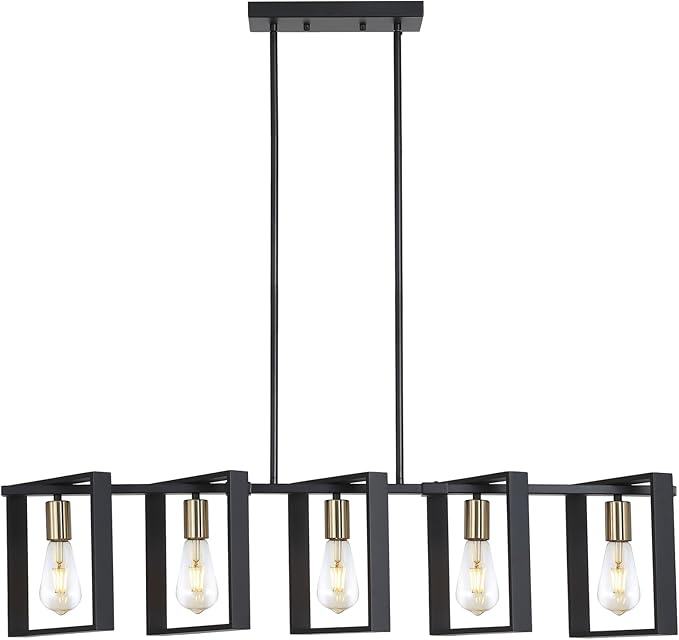 9MMML 41.5" Mid Century Dining Room Chandelier, Black and Gold Wood Pendant Light, Height Adjustable 5 Lights Fixtures for Kitchen Island Hallway Pool Table