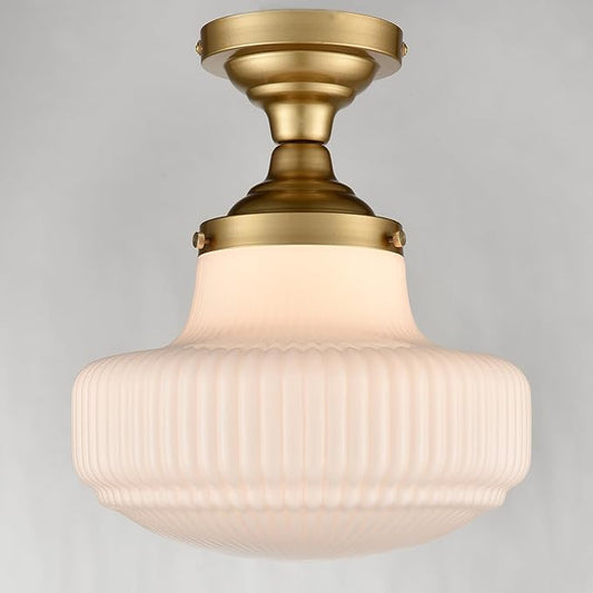 CLAXY Modern Gold Schoolhouse Ceiling Light Semi-Flush Mount Ceiling Light Fixture Ribbed Milk Glass Lamp for Hallway Entryway Bedroom Kitchen Bathroom