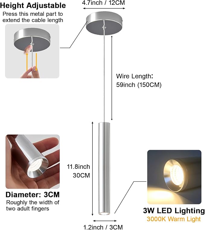 Modern LED Pendant Light Fixtures Chrome Long Tube Pendant Lights 2 Pack Pendant Lighting for Bedroom Dining Room Bar Kitchen Island Hanging Light Height Adjustable, 3000K, 11.8inch