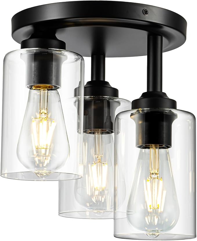 Mayful Semi Flush Mount Ceiling Light, 3-Light Black Fixture with Clear Glass Shade, Cluster Cylinder Design for Kitchen Dining Room Hallway Foyer Entryway
