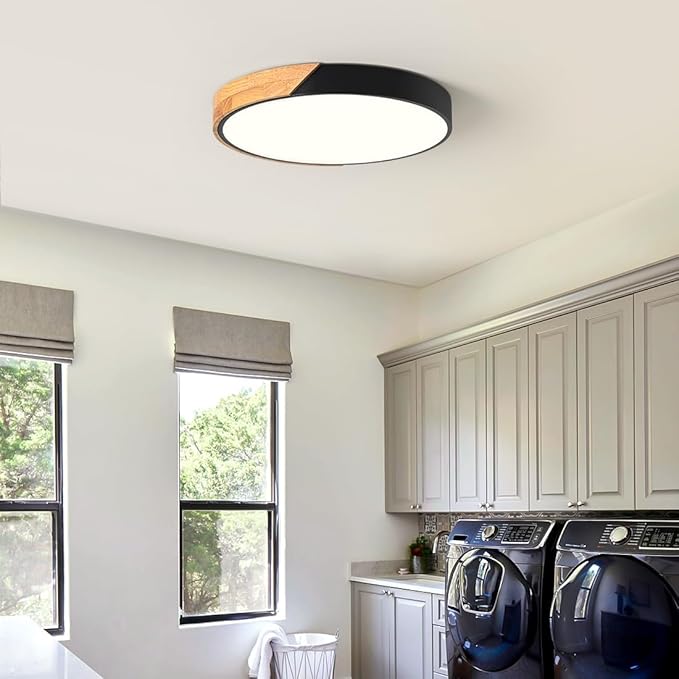 Vikaey Modern LED Ceiling Light, Minimalist Wood Flush Mount Ceiling Light Fixture, 4000K Not Dimmable, Circle Lighting Lamp with Acrylic Lampshade for Bedroom Dining Room Laundry (Black,15.8")