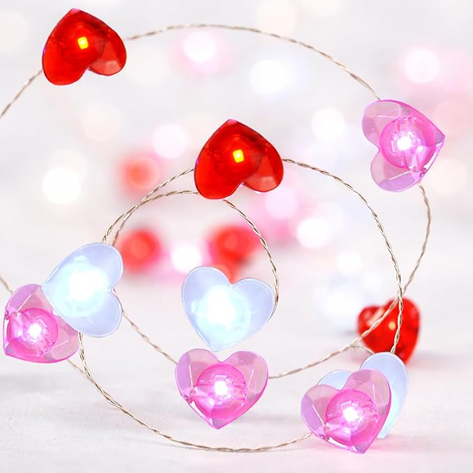 BOHON Valentine Day Decorations 13 ft 40 LEDs Red White Pink Lights String | Heart Fairy String Lights Battery Operated, Valentines Decor for The Home Galentines Day Indoor Garland Party with Timer
