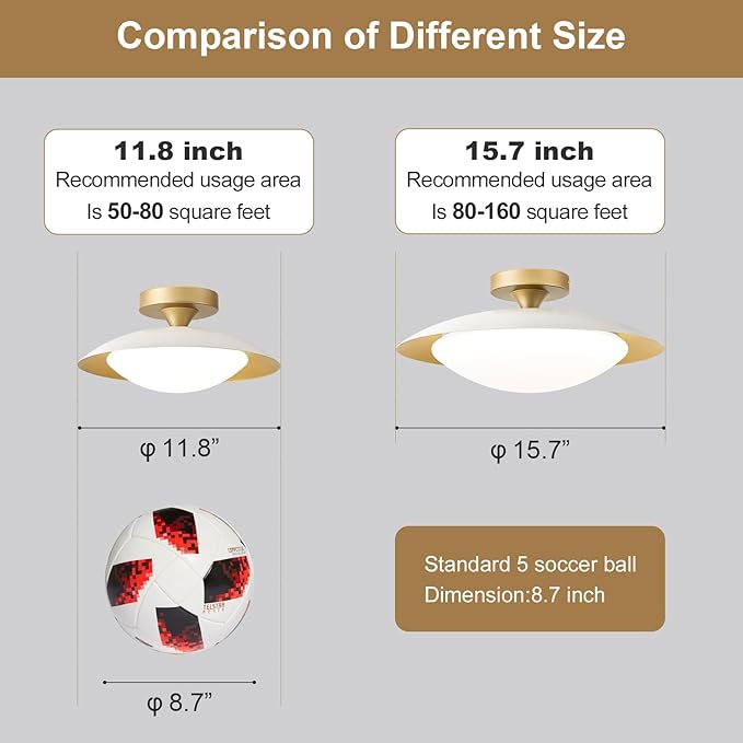 Dimmable Mid Century Modern Ceiling Light,5CCT LED White and Gold Semi Flush Mount Ceiling Lighting, for Kitchen Bedroom Hallway Bathroom 2700K-6000K 15.75 in
