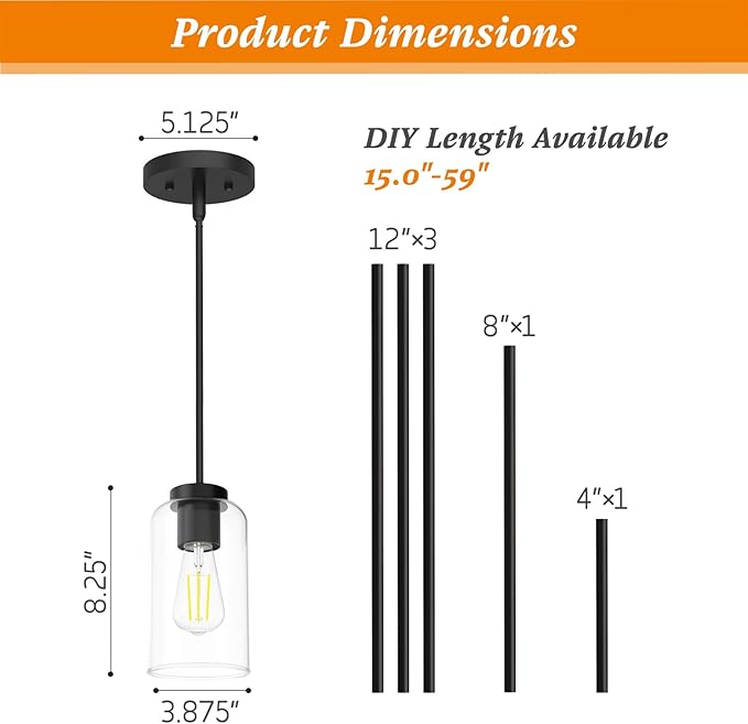 Zevluck 2-Pack Pendant Light, Matte Black Pendant Lighting with 5 Adjustable Tubes, Hanging Light Fixtures with Clear Glass Shade, Tiltable Pendant Lighting for Kitchen Island, Dining Room