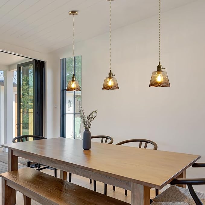 Vintage Pendant Light Fixtures, Amber Glass Lampshade with Switch Indoor Pendant Lighting for Bedside Dining Room Bathroom, Brass