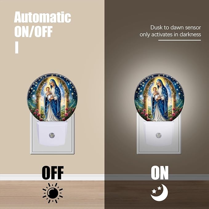 Round LED Night Lights Lamp with Dusk to Dawn Sensor, Mary Holding The Baby Jesus in Arms Night Light Plug Into Wall for Kids Room, Bedroom, Bathroom, Kitchen, Hallway