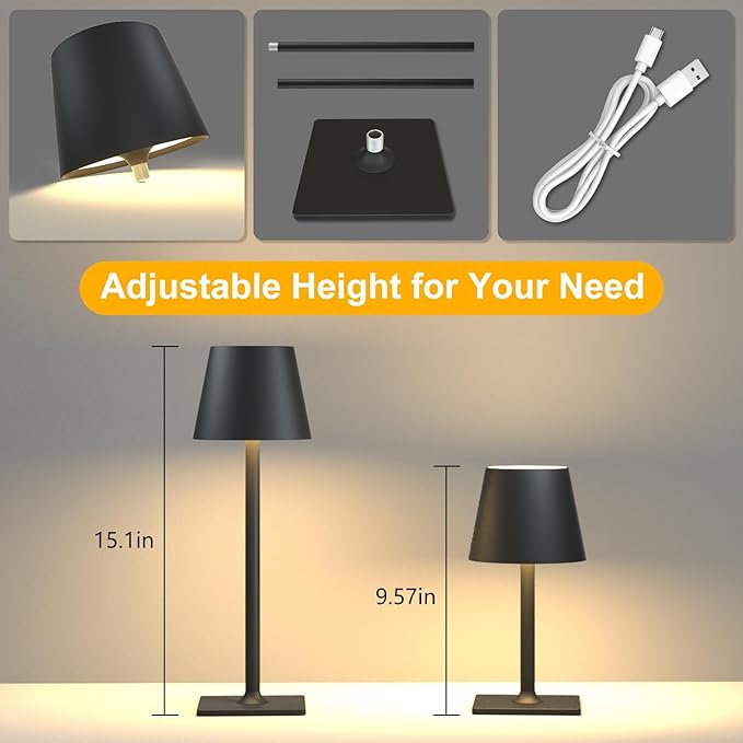 4 Pack Rechargeable Table Lamp - Cordless LED Lamp with 6000mAh Battery Operated LED Desk Lamp, Portable Table Light Outdoor for Dinner Patio Restaurant Bar Bedroom Coffee Shop Night Light(Black)