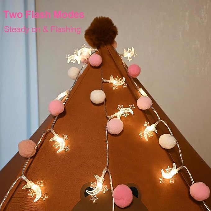 ChiRee Indoor String Lights 6.56 Feet Pom Poms Moon Lights 20 LED Battery Operated String Fairy Lights Warm White Globe Lights Colorful Decor Lights for Home Bedroom Kids Playhouse Holiday Christmas